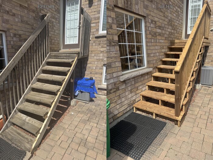 Before and after rebuild of a rotted wood staircase and railing